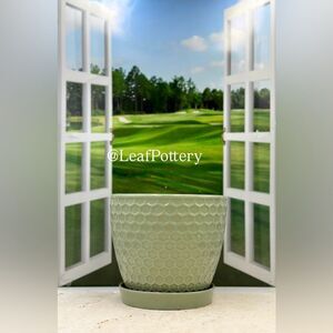 Octagon Green (MD) Ceramic Planter Pot with Saucer Attached